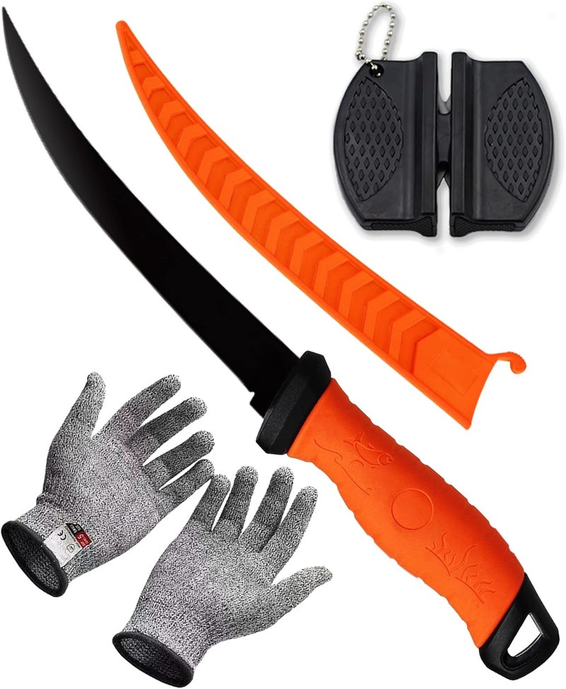 HOWORR Fish Fillet Knife, 7 Inches Professional Fishing Fillet Knife Set Stainless Steel Blade in Corrosion Resistant Coating, with Sharpener and Cutting Resistant Gloves, for Fishing and Outdoor, Orange - Image 1